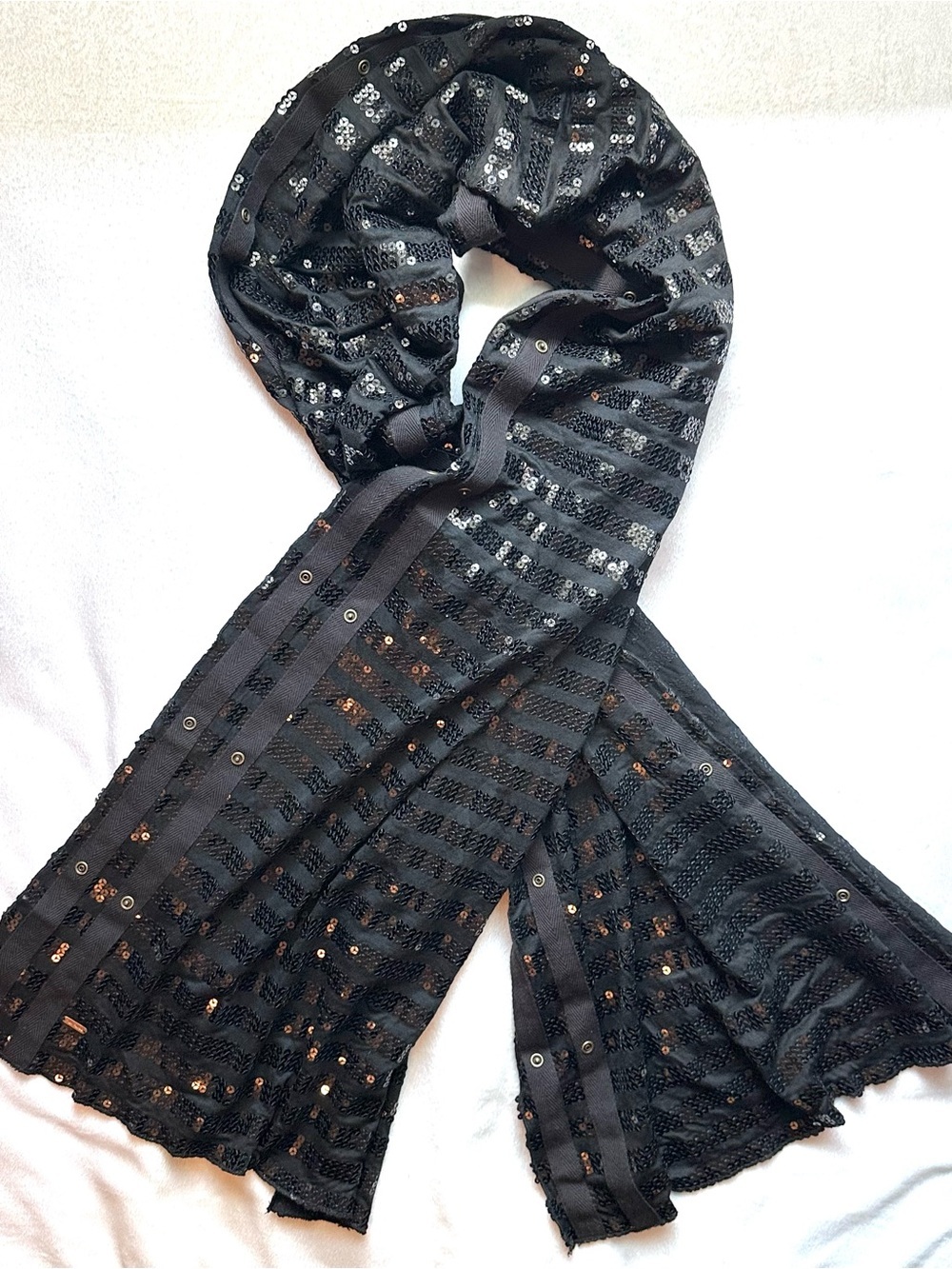 Free People Black Sequin Stripe Long Scarf 20”x70” Snap details Glam Boho New